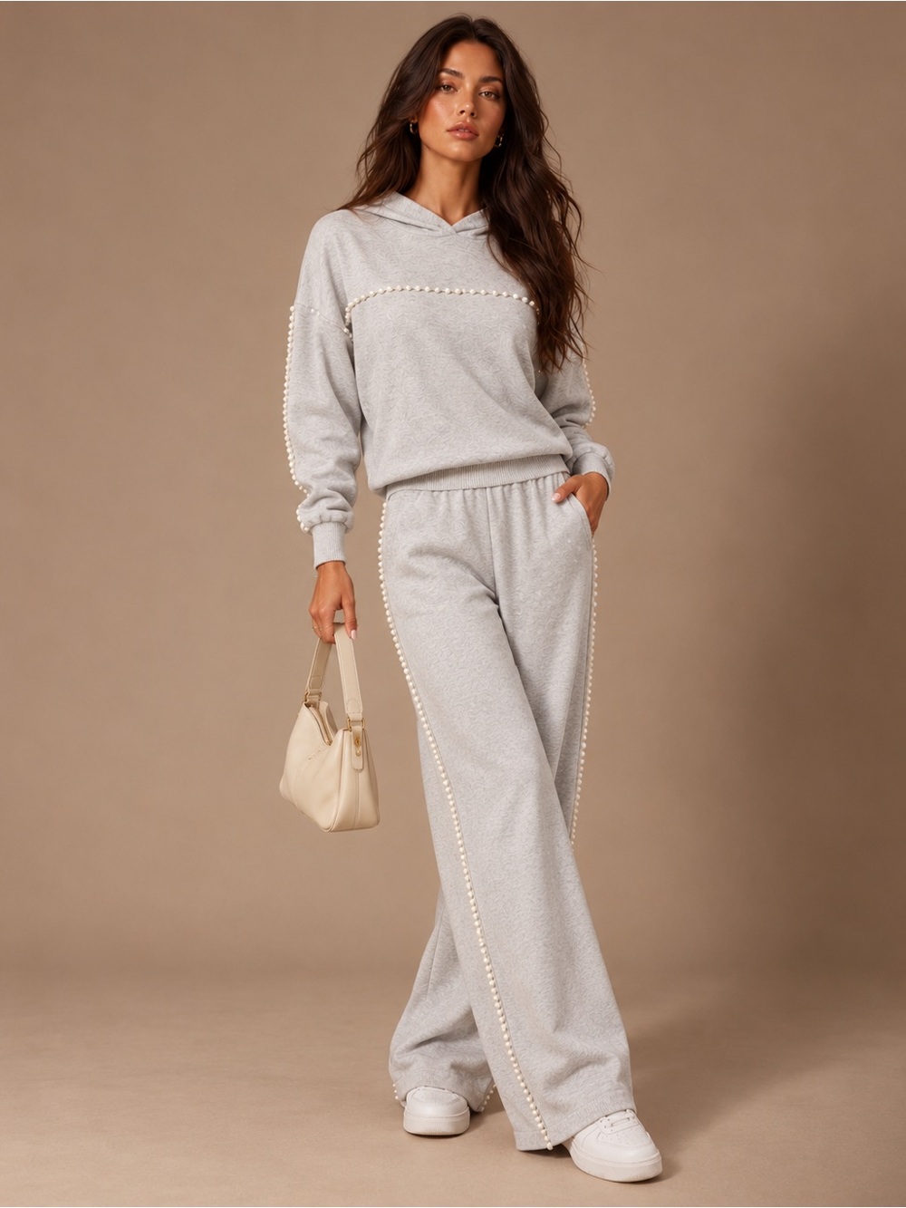 NWT Pearl-Trim Wide-Leg Pants Set - Heather Grey